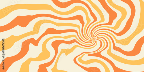 Swirling radial ice cream background. Orange groovy vortex spiral twirl. Twirl sunburst psychedelic pattern. Orange lollipop texture. Swirl candy background. Vector illustration.