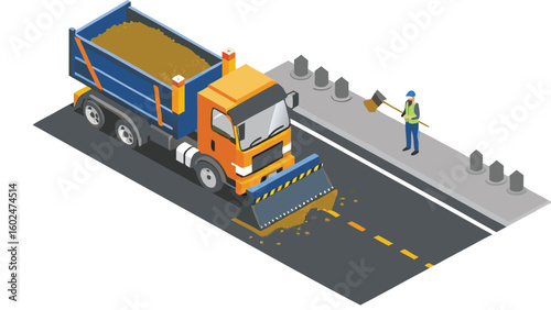 Isometric view of a dump truck with a snow plow and a worker with a shovel on the road side