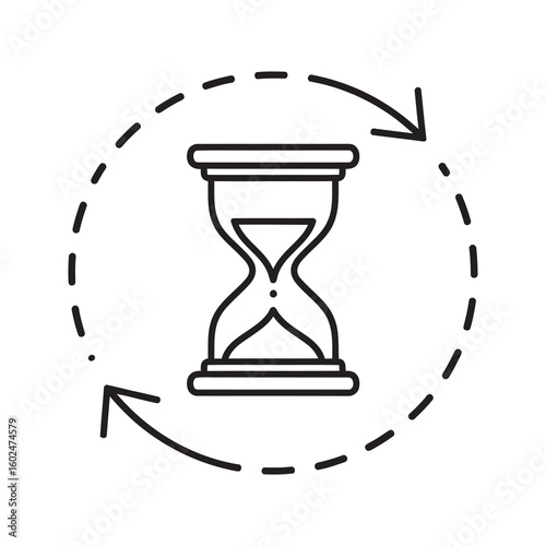 Hourglass time loop icon showing a cycle of passing time for a recurring process history and a countdown that repeats in a continuous flow