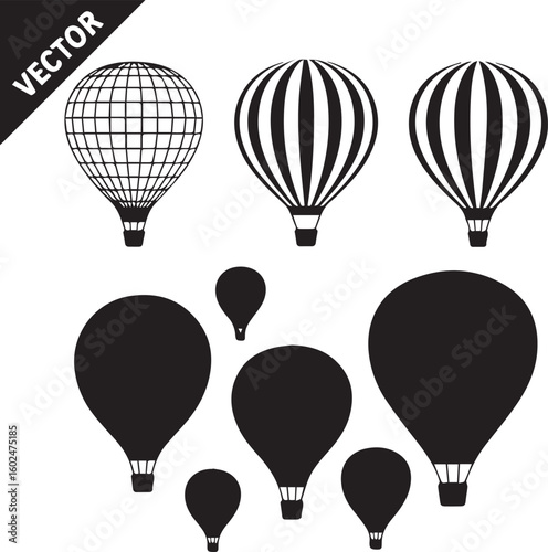 vector pack of unique hot air balloon icons in monochrome style for web, print, and design use