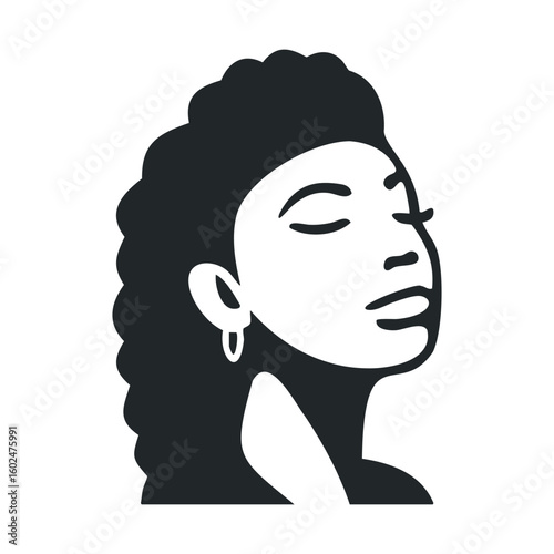Silhouette of young african female with closed eyes and curly hair