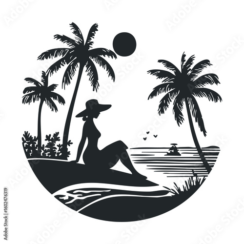 Silhouette of woman relaxing by beach with palm trees and sunset
