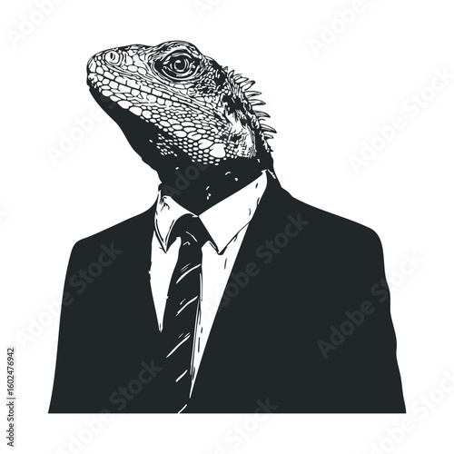 Lizard in suit: anthropomorphic art of reptile businessman in black and white