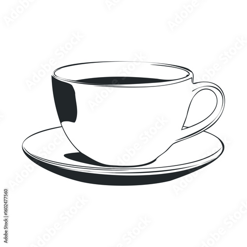 Monochrome illustration of a coffee cup and saucer