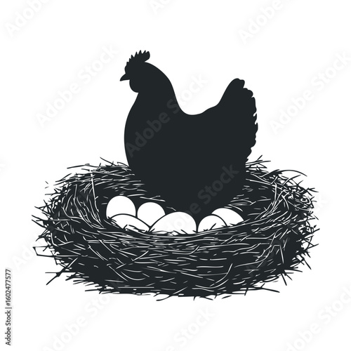 Silhouette of hen nesting with eggs in nest on white background