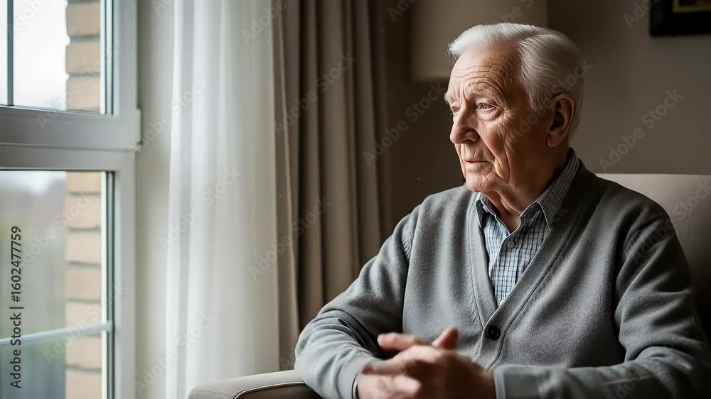 Elderly Man Gazing Thoughtfully Out Window In Comfortable Home Setting Elderly Man Gazing Thoughtfully Out Window In Comfortable Home Setting