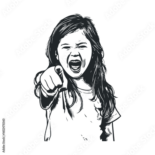 Expressive asian female child pointing and shouting black and white drawing
