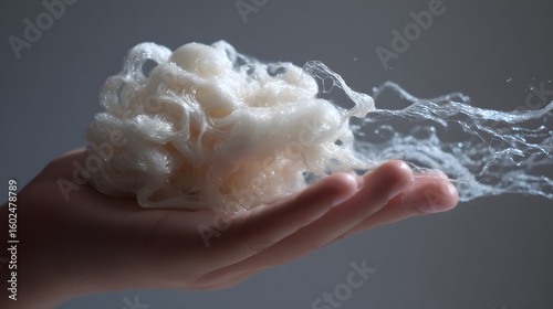 Hand holding a ball of wet threads with water splashing out from it, showing abstract beauty in a soft and gentle light.