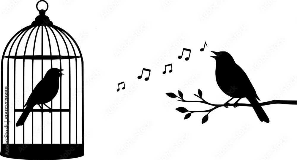Fototapeta premium a black bird in a birdcage, a black bird standing on the branch singing, silhouette style, simple, vector illustration