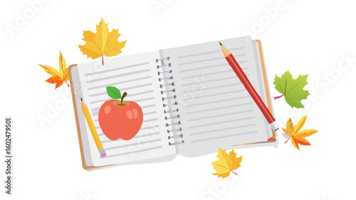 Open book with pencil, apple and autumn leaves