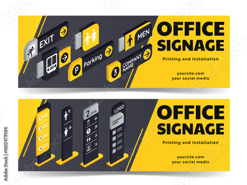 Isometric Office Signage Horizontal Banner Set