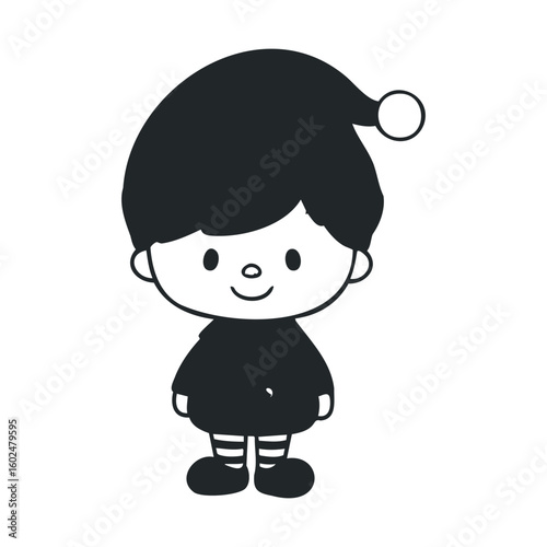 Cute cartoon elf child with hat and striped socks
