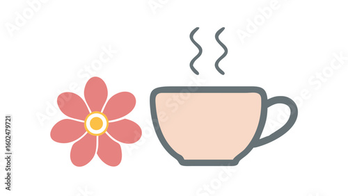 Teacup with steam and flower in flat style