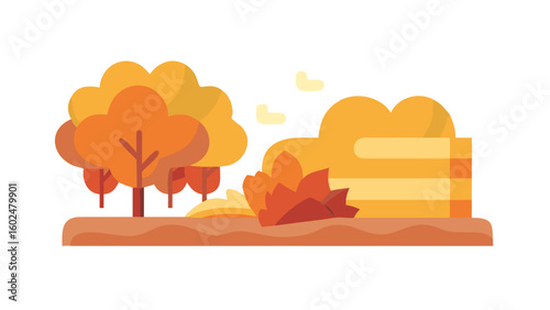 Fall countryside with orange trees and hay bales