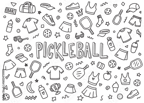 Pickleball doodle icons compilation set.  Vector doodle illustration set for web, t-shirt design, other graphic design use