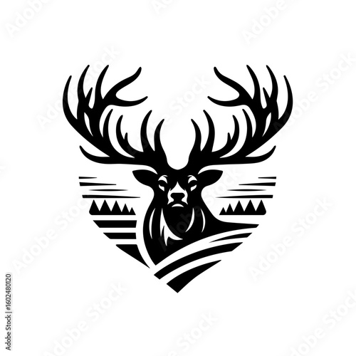 Majestic Stag Head Emblem with Antlers and Mountains.