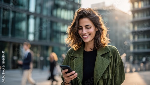 A stylish young woman smiles while using her phone on a city street bathed in warm sunlight, exuding confidence and modern charm.