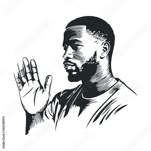 Expressive illustration of african male adult in profile with hand gesture