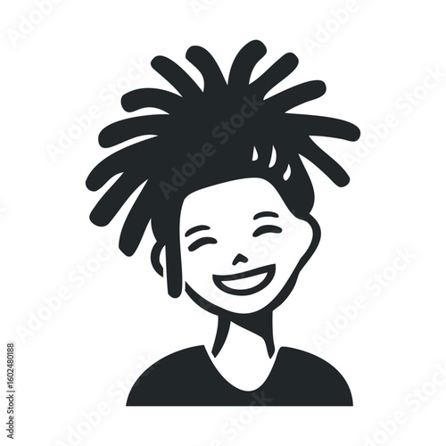 Smiling female with dreadlocks icon - black and white vector illustration