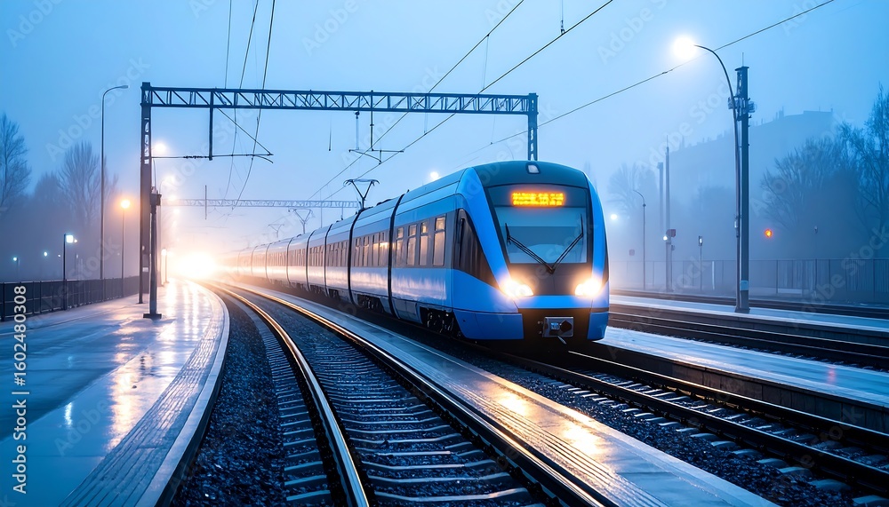Fototapeta premium Train Approaching Station Platform at Night in Fog