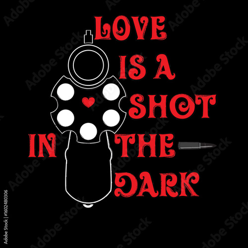 Embrace the retro vibe with this bold, eye-catching t-shirt inspired by the iconic 80s song "Love is a Shot in the Dark." Featuring a striking front view of a gun and the song's title.