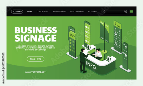 Modern Office or Commercial Building Signage Isometric Landing Page
