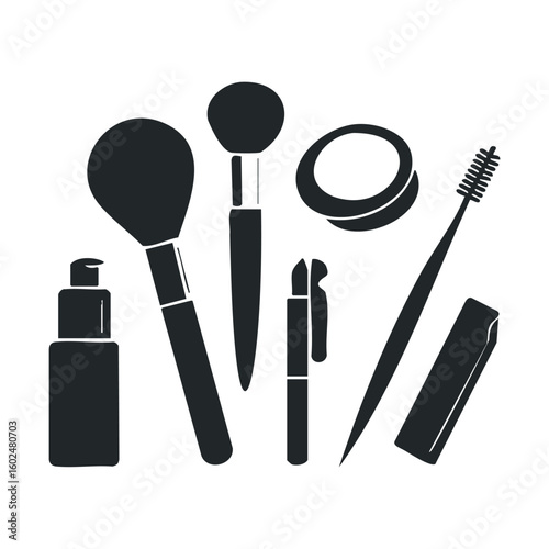 Silhouette of makeup tools: brushes, lipstick, mascara, and more in black and white