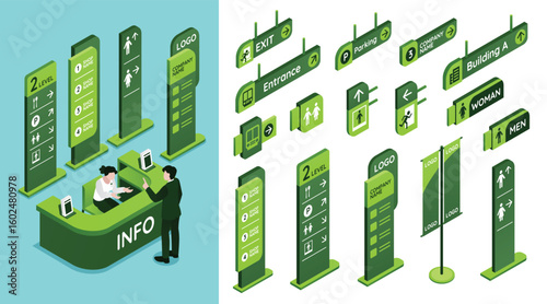 Isometric Office Signage Element Set