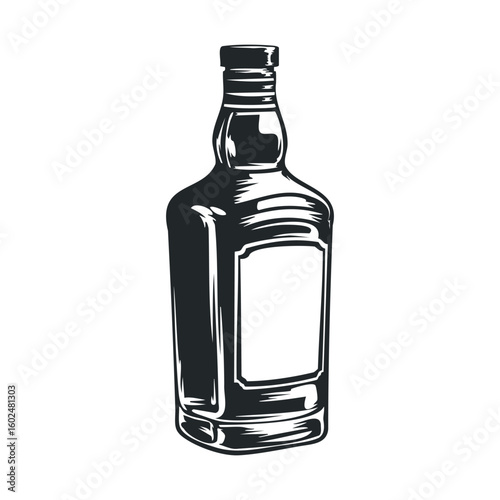 Black and white sketch of an unlabeled liquor bottle