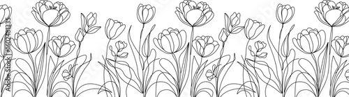 One line drawing of tulips. Minimal seamless border of spring flowers for design and decoration. Flowers background 