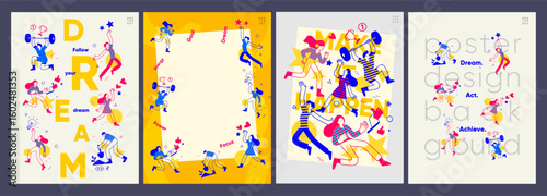 Motivational vector poster set featuring energetic people in motion, symbols of goals, dreams, and achievement. Colorful and modern style, ideal for youth and sports themes.