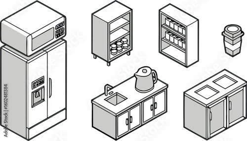 Isometric Office Breakroom Appliances and Kitchen Equipment Set