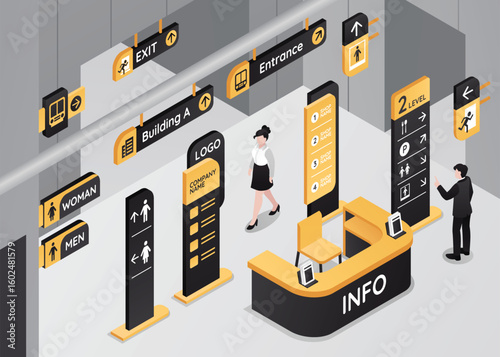 Office Wayfinding and Interior Design Original Isometric Composition