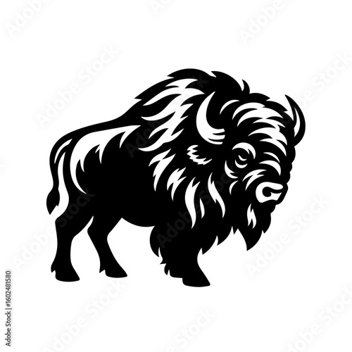 Stylized Black Bison Silhouette on White Background.