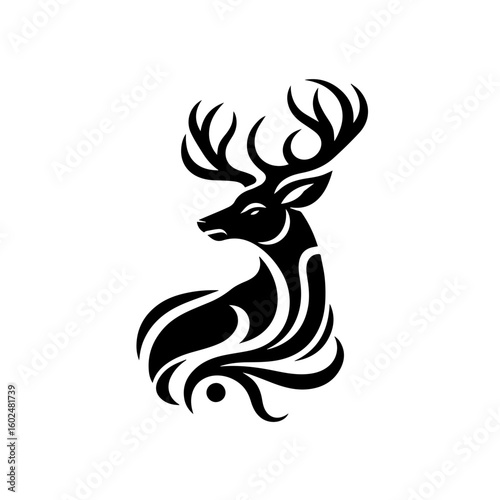 Stylized Black Deer Silhouette with Ornate Antlers.