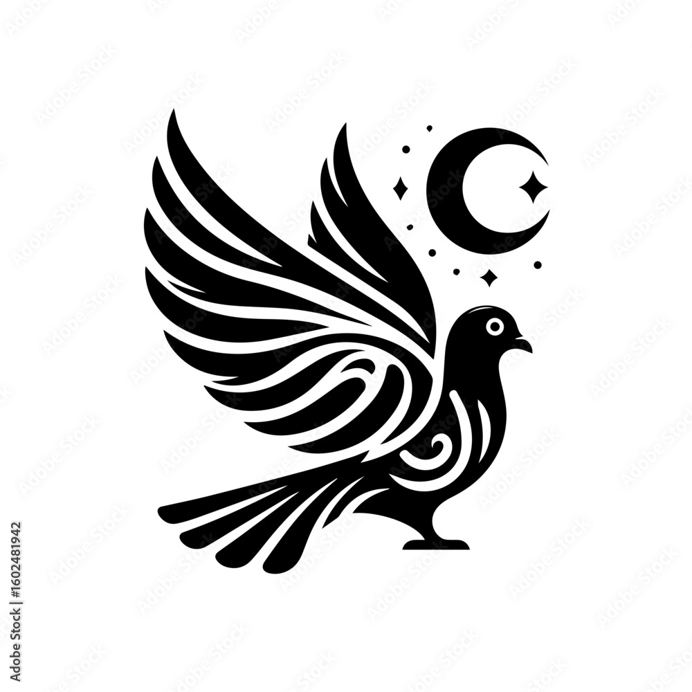 Obraz premium Stylized Black Dove with Crescent Moon and Stars 1.