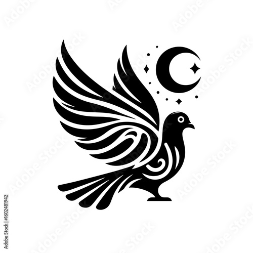 Stylized Black Dove with Crescent Moon and Stars 1.