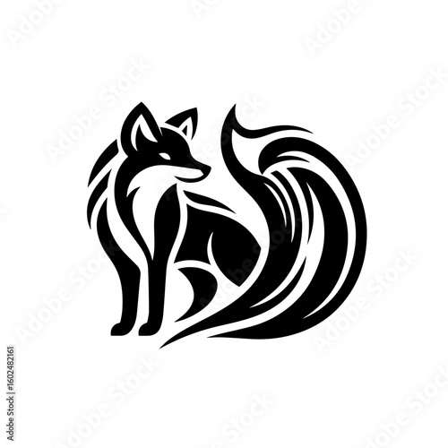 Stylized Black Fox Silhouette with Flowing Tail.