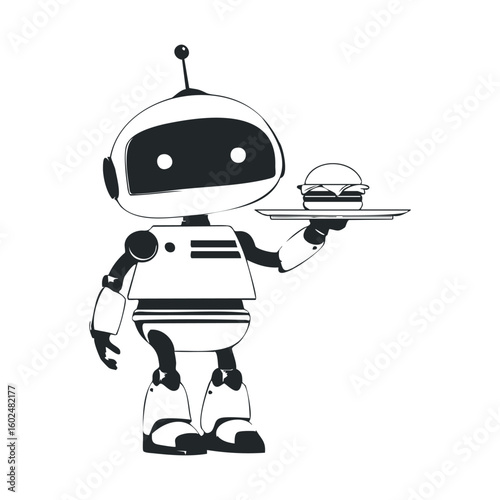 Friendly robot serving food with tray and burger in black and white
