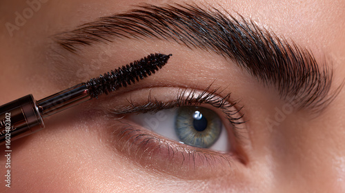 Close-up of a woman's face with emphasis on an eye and brow. The brow is enhanced with a brow grooming brush for a flawless look.