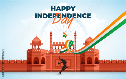 Happy Indian Independence Day Celebration Banner Design Template with Lal Qila Fort Illustration