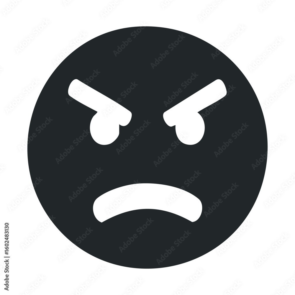 Angry black emoji with frowning mouth and furrowed brows on white background Angry black emoji with frowning mouth and furrowed brows on white background