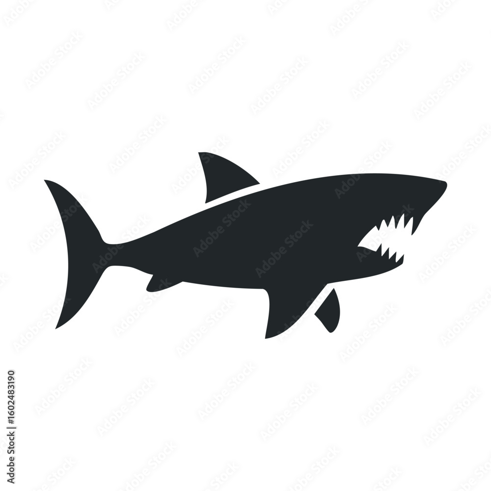 Obraz premium Silhouette of a great white shark with open jaws against white background
