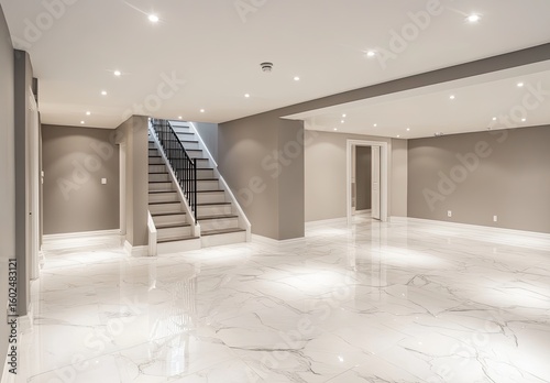 Modern basement interior with polished marble floors and neutral walls