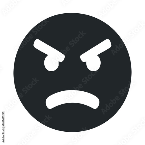 Angry black emoji with frowning mouth and furrowed brows on white background