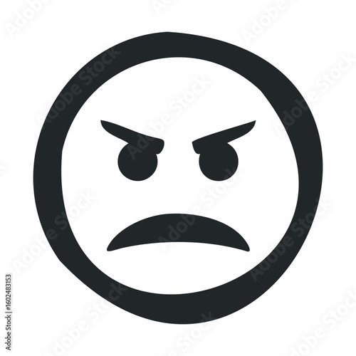 Black and white angry face emoji with frowning expression