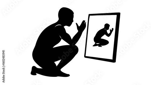 Contemplative Reflection: A silhouette of a person gazes intently at their reflection in a mirror, pondering introspection and self-awareness. A visual representation of a person looking at themself.
