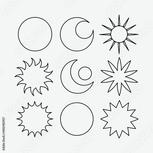 Sun, Moon, and Star Outline Icon Set - Celestial Line Art