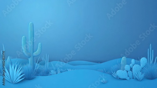 Serene Blue Desert: A Minimalist Cactus Landscape