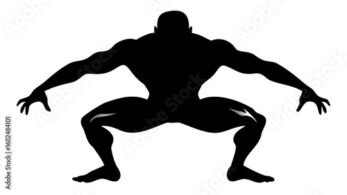Silhouette of a Muscular Pose: A stark silhouette of a powerfully built individual crouches low, highlighting the stark contrast between strength and shape. 